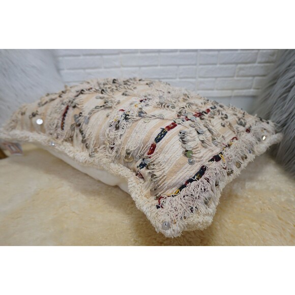 Vintage Moroccan Wedding Blanket Pillow: White Handira Lumbar Cushion 03YL0456 - Picture 6 of 10